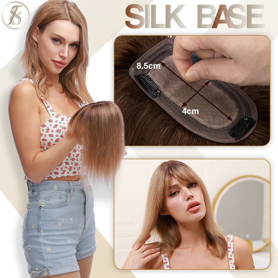 TESS Women Topper 7x12.5cm Hair Toppers With Bangs Hair Clips Natural Hair Wigs 100% Human Hair Silk Base Clip In Hair Extension