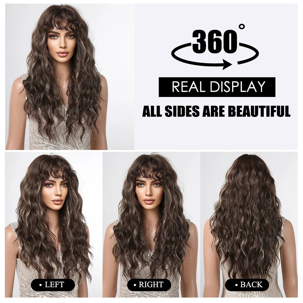 EASIHAIR Brown Black Kinky Curly Wave Synthetic Wigs with Bangs Deep Wave Long Hair Wigs for Women Daily Cosplay Heat Resistant
