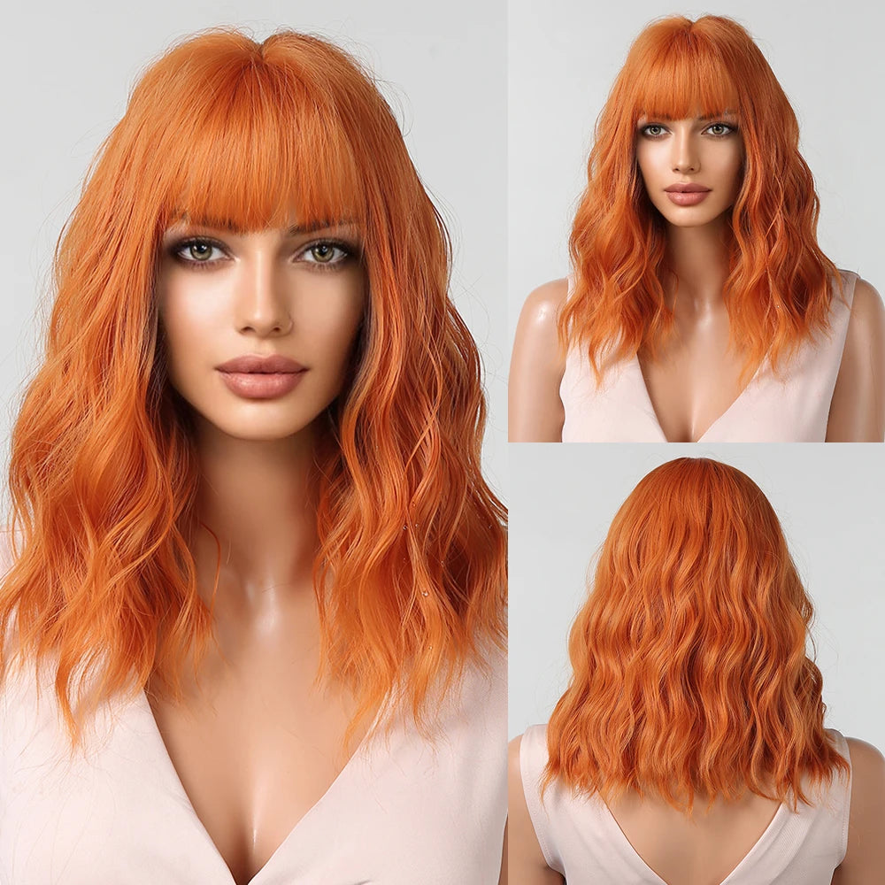 Rose Blonde Brown Short Bob Synthetic Wigs with Bangs Ash Blonde Natural Loose Wave Wig for Women Cosplay Heat Resistant Hair