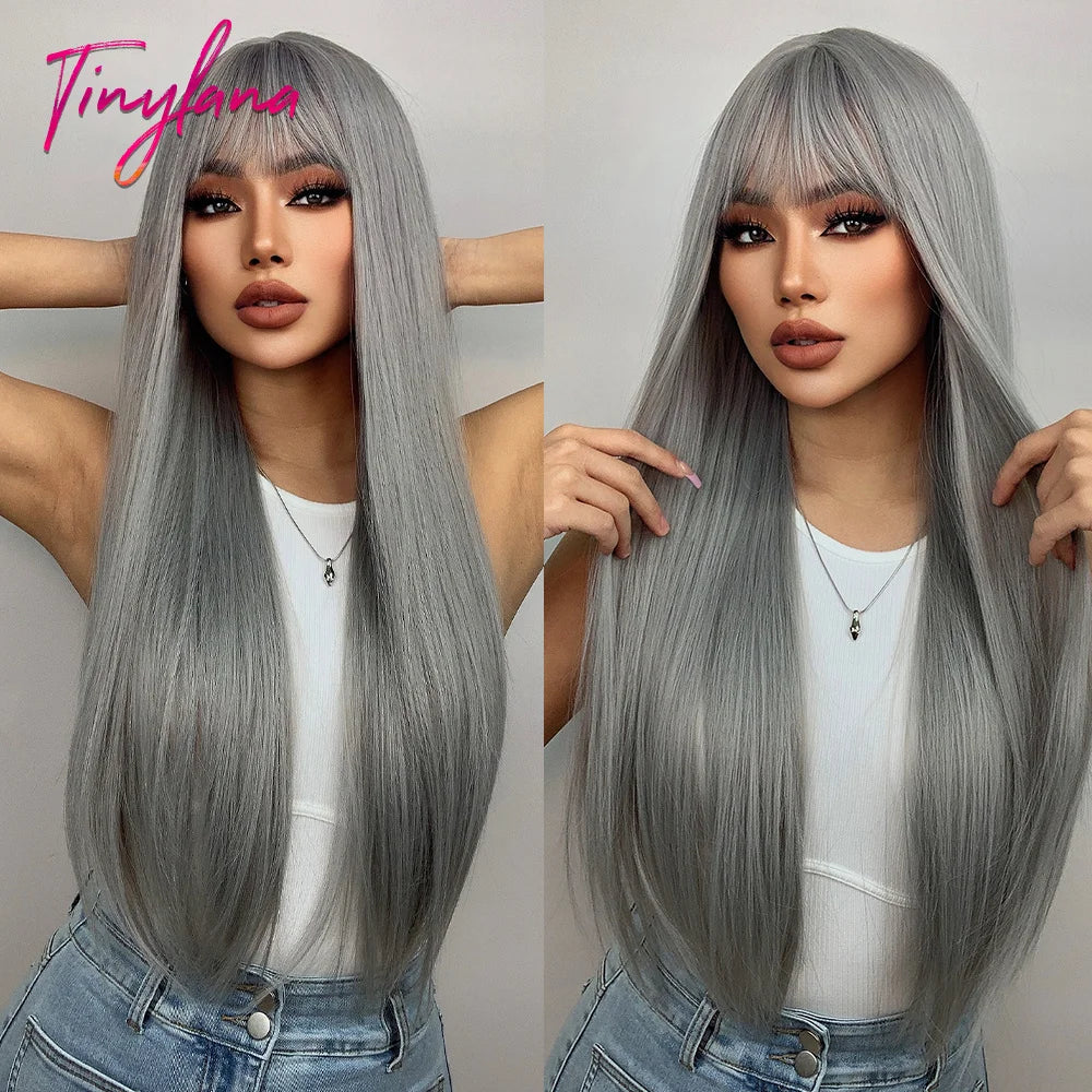 Ombre Gray Brown Synthetic Wigs Long Straight Ash Cosplay Wig with Bangs for Women Afro Natural Party Daily Heat Resistant Hair