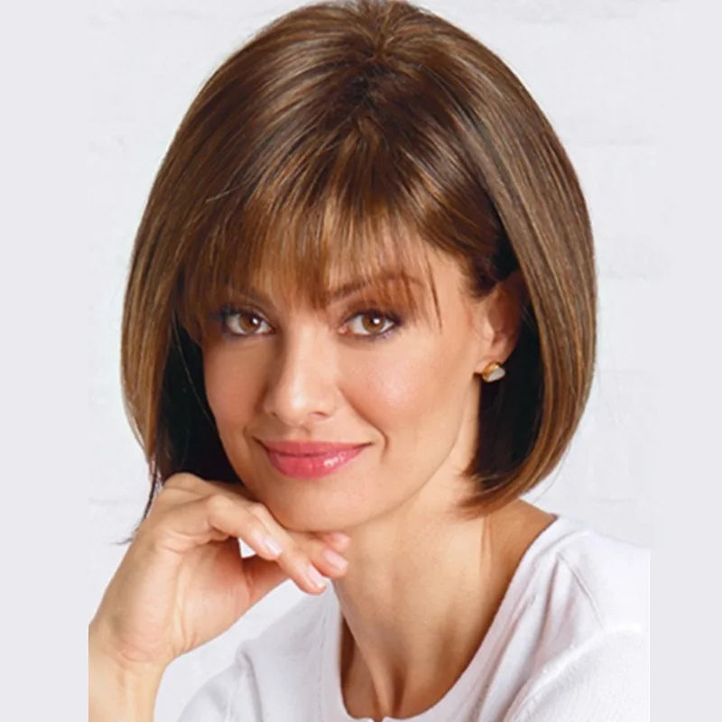 Women's Fashion Wig Natural Brown Short Bob Hair Wig with Side Bangs Daily Party Wigs for Women Female Heat Resistant Fake Hair