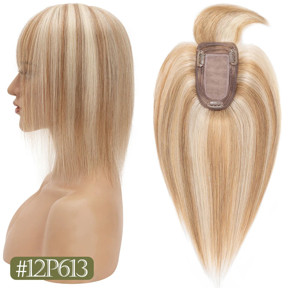 TESS Women Topper 7x12.5cm Hair Toppers With Bangs Natural Hair Wig Human Hair Silk Base Center Part Hair Clip In Hair Extension