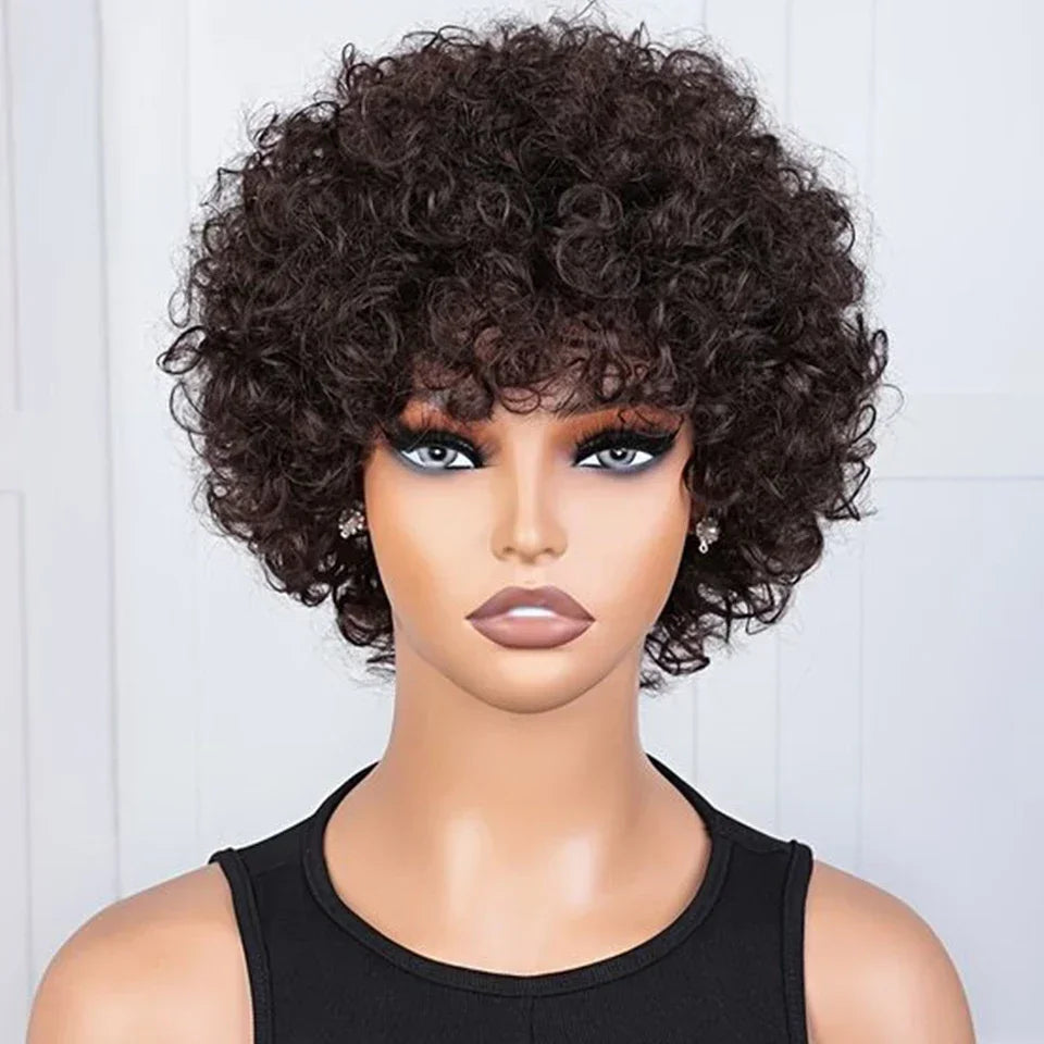 Brazilian Afro Puff Pixie Bob Wig 99J Natural Brown Full Machine Made Pre-Plucked Bangs 100% Human Hair For Black Women