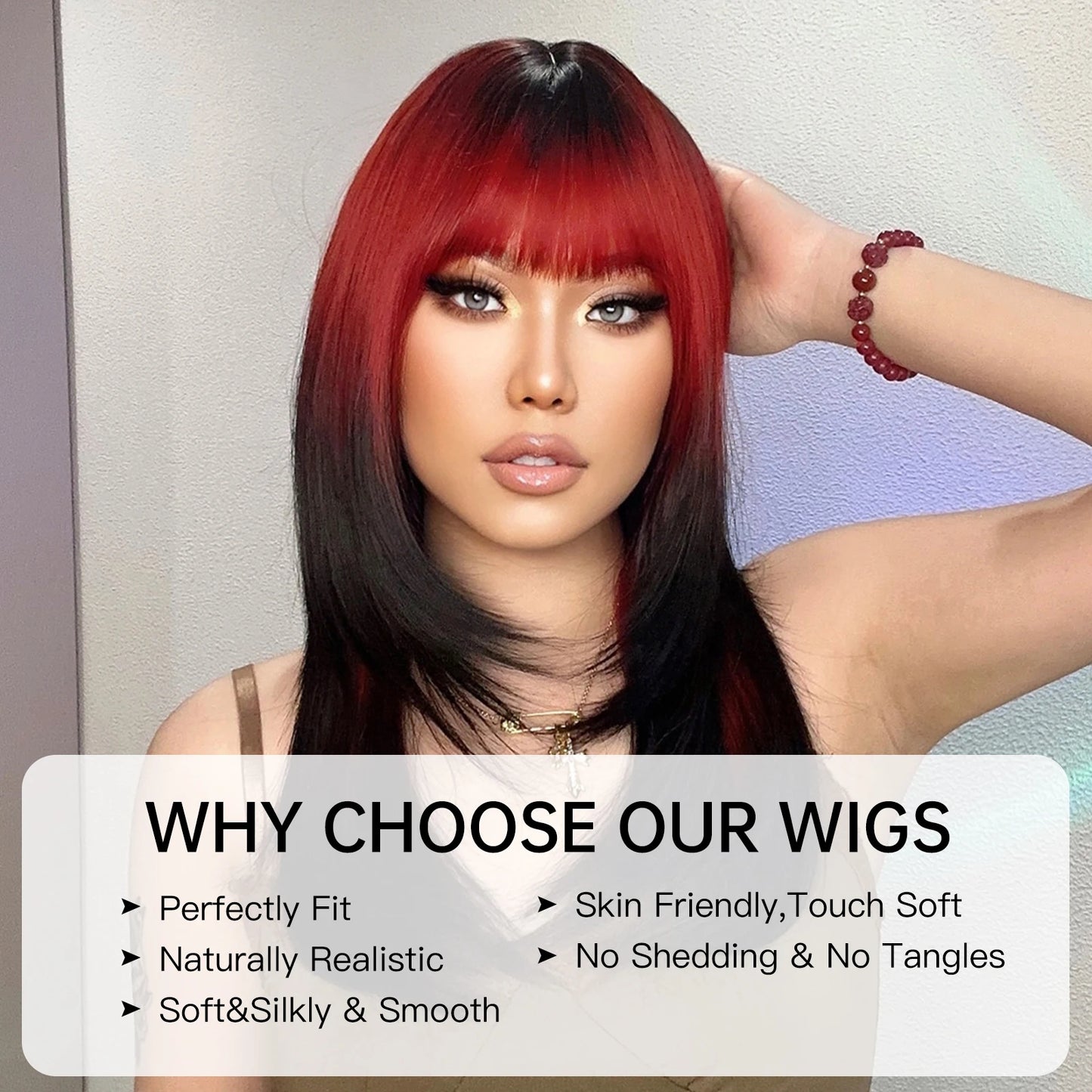 HENRY MARGU Ombre Red to Black Synthetic Wigs with Bangs Long Straight Layered Wig Colored Party Heat Resistant Hair for Women
