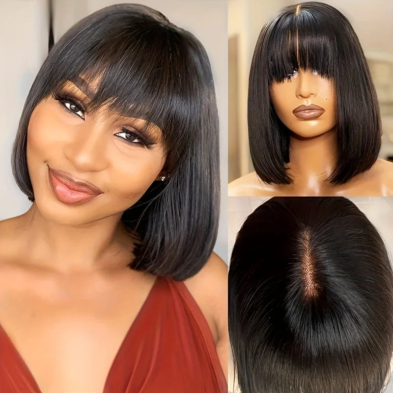 3X1 Straight Bob Wig With Bangs Full Fringe Machine Made Glueless Ready-to-Wear 30 Inch Brazilian Wig Human Hair Wig For Women