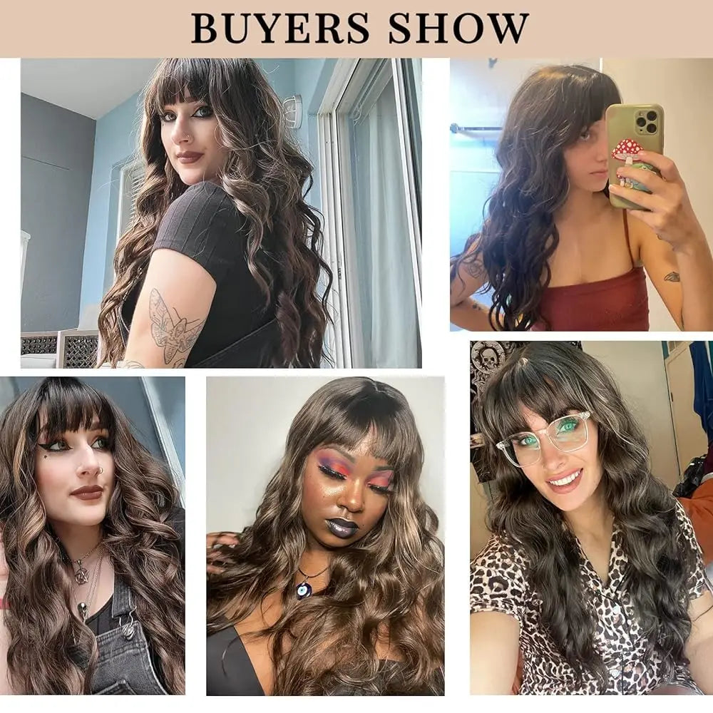 Dark Brown Synthetic Wigs with Bangs Long Curly Wavy Brown Wigs with Blonde Highlights for Afro Women Daily Party Heat Resistant
