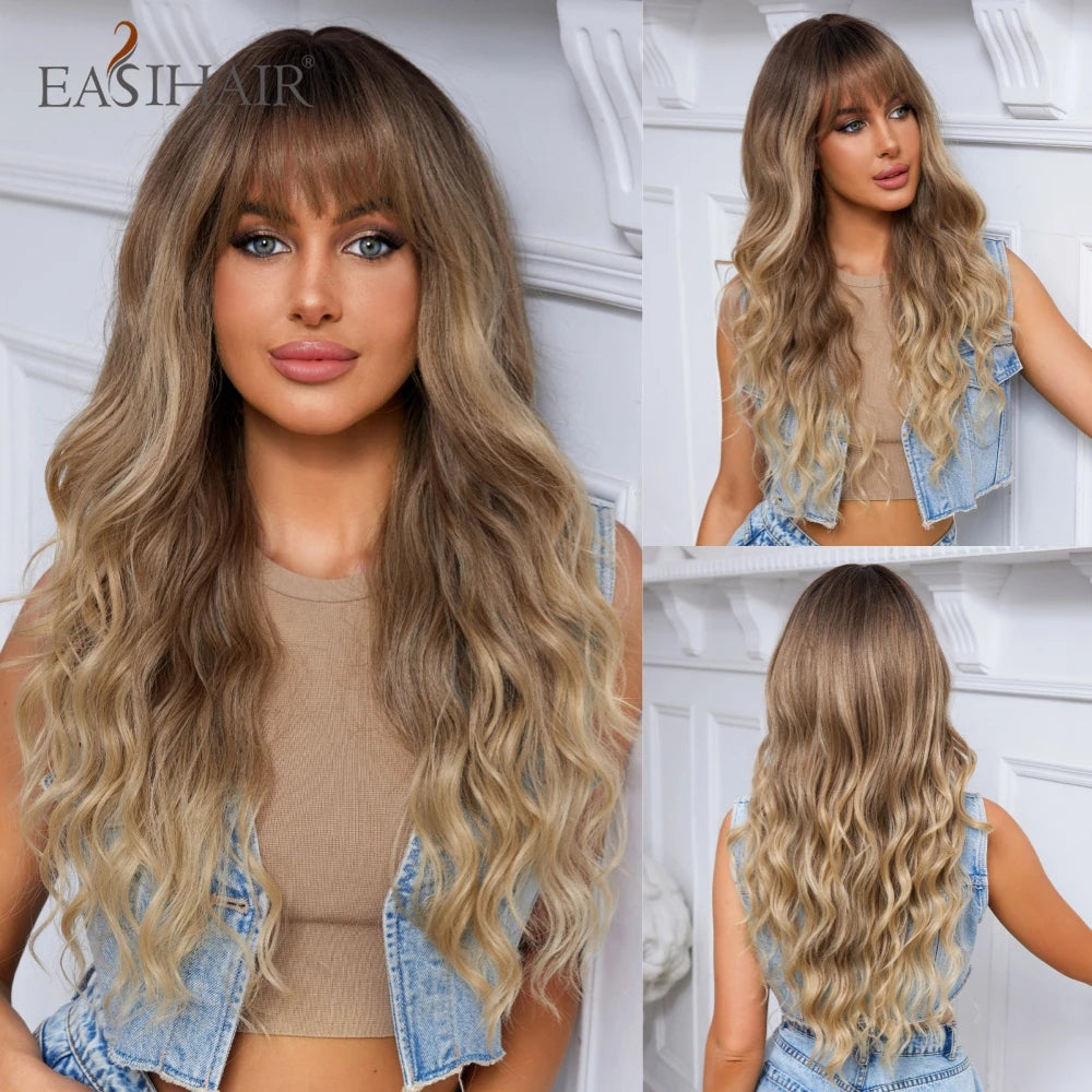 Ombre Light Brown Wigs with Bangs Blonde Highlight Long Curly Wavy Synthetic Wigs for Women Daily Cosplay Party Heat Resistant