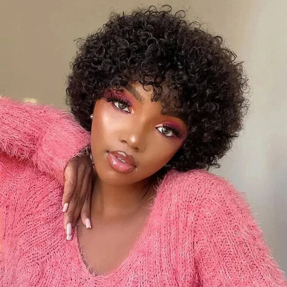 Brazilian Afro Puff Pixie Bob Wig 99J Natural Brown Full Machine Made Pre-Plucked Bangs 100% Human Hair For Black Women