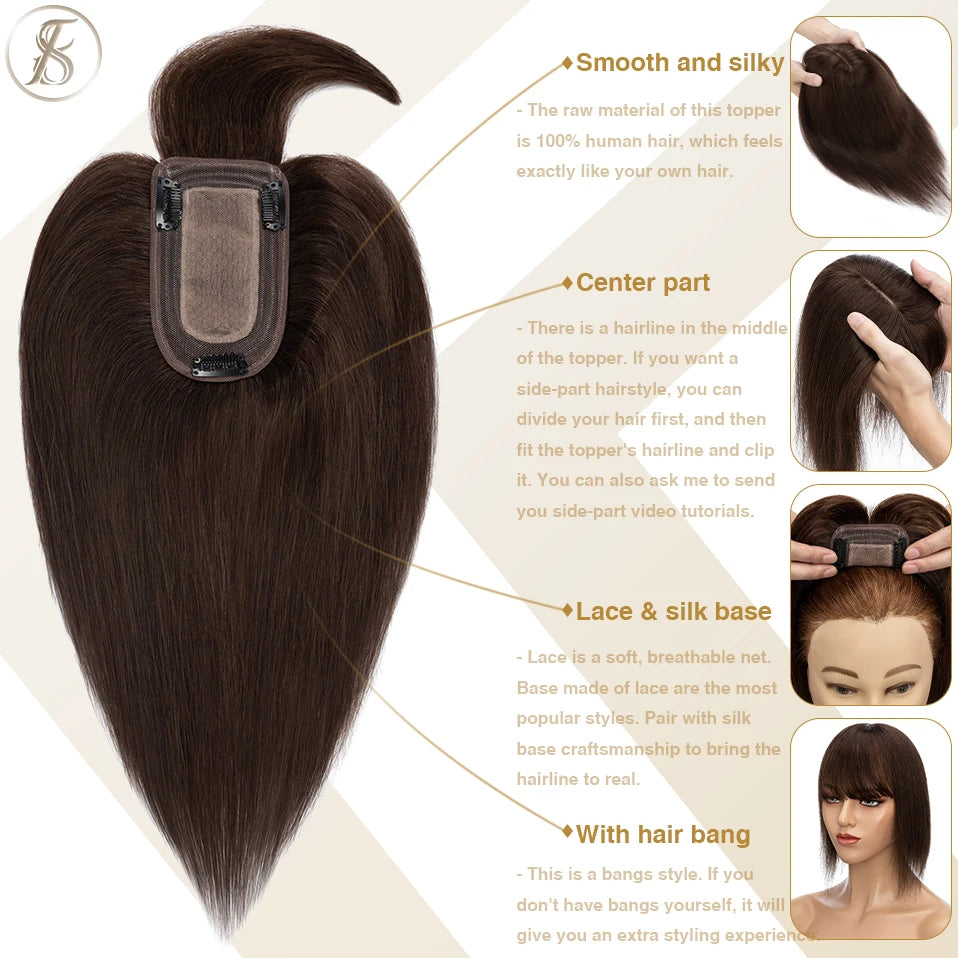 TESS Women Topper 7x12.5cm Hair Toppers With Bangs Hair Clips Natural Hair Wigs 100% Human Hair Silk Base Clip In Hair Extension