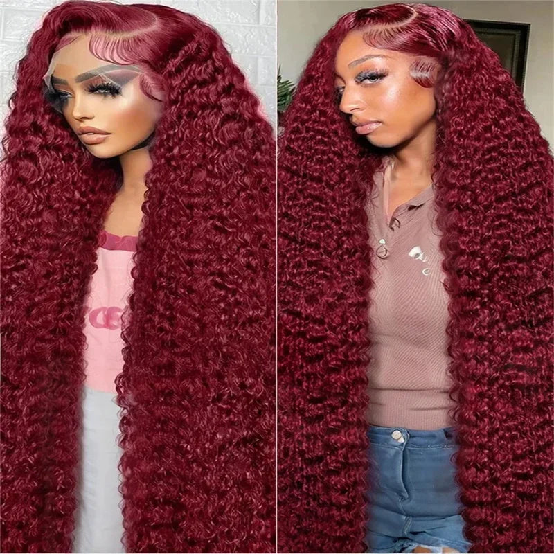 30 40 Inch 99J Burgundy 13x6 Hd Lace Frontal Human Hair Wig Red Colored 13x4 Transparent Lace Curly Deep Wave Frontal Wig