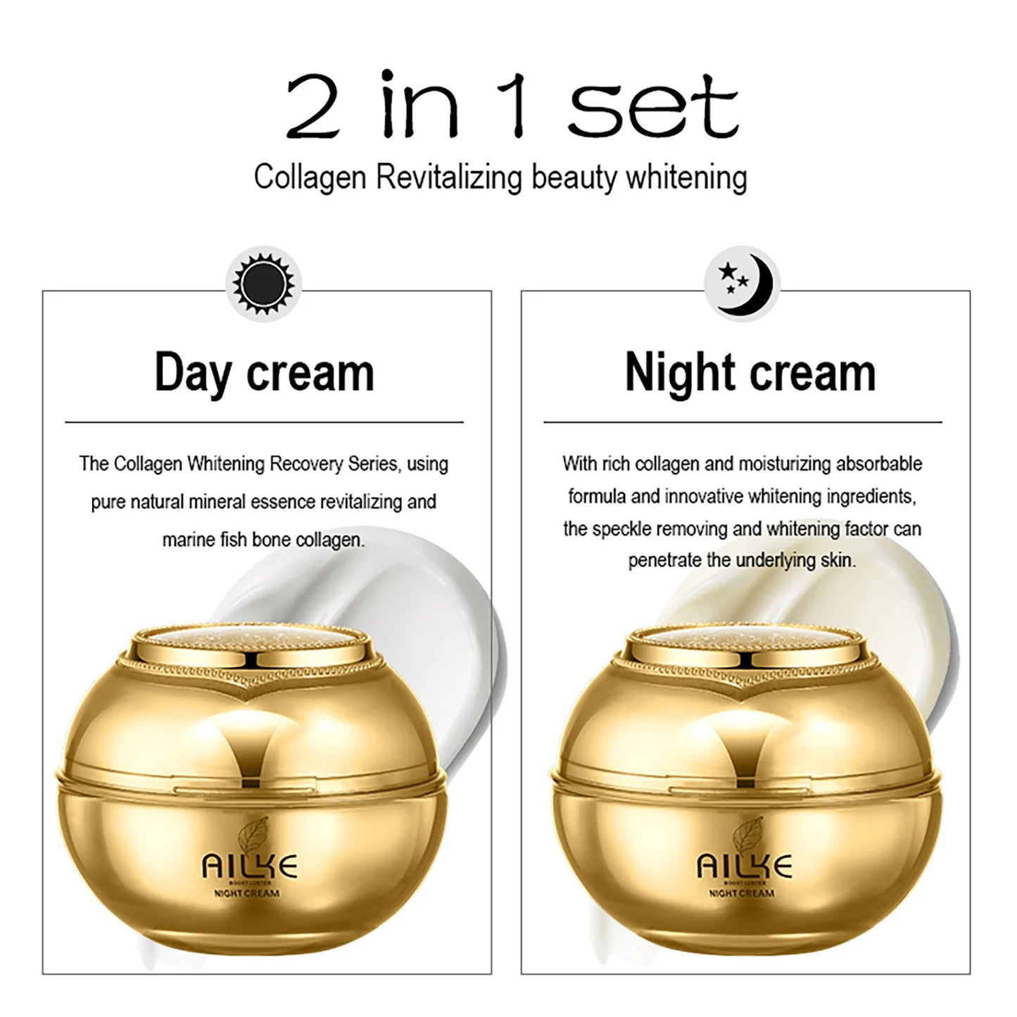 AILKE Collagen Whitening Face Care Set, Moisturizing, Even Skin Tone, Reduce Dark Spots, With Hyaluronic Acid, Vitamin E