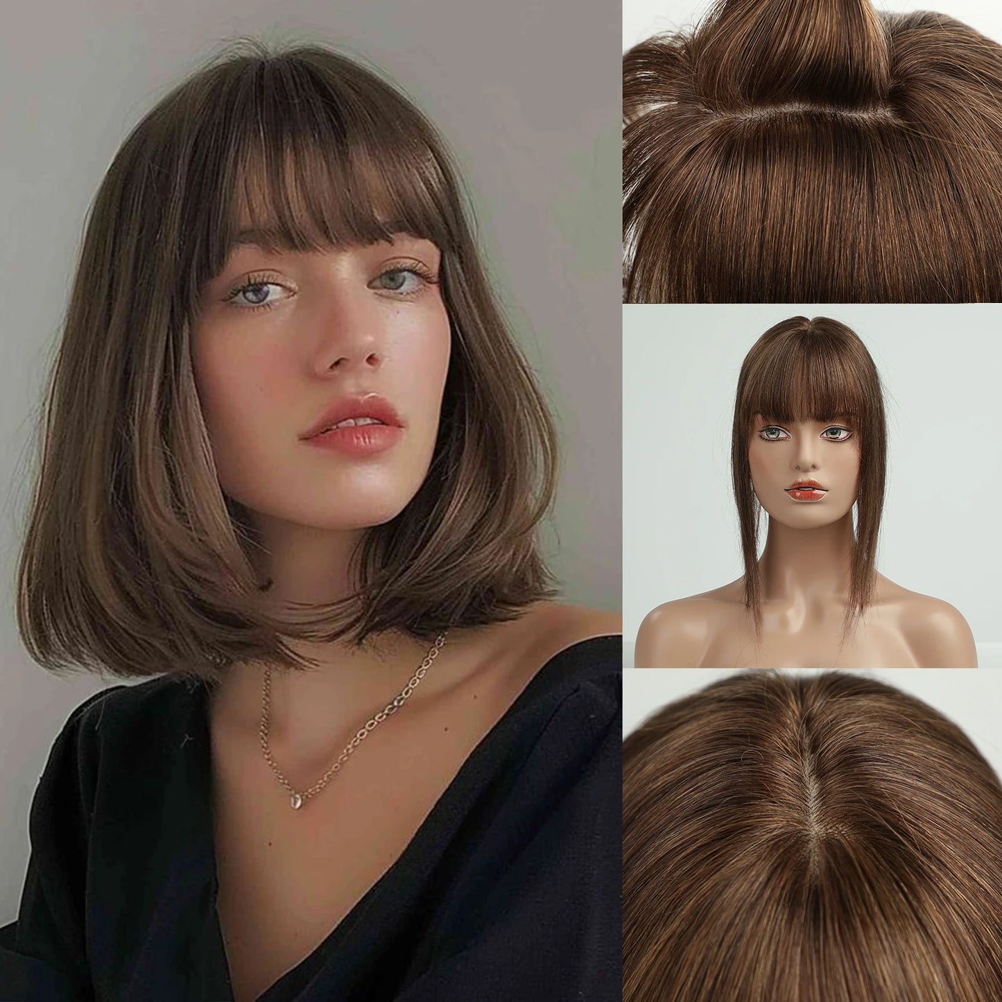 14 inch Hair Toppers for Women Brown Blonde Ombre Human Hair Toppers Silk Base Clips in Hair Extension Blonde Topper With Bangs