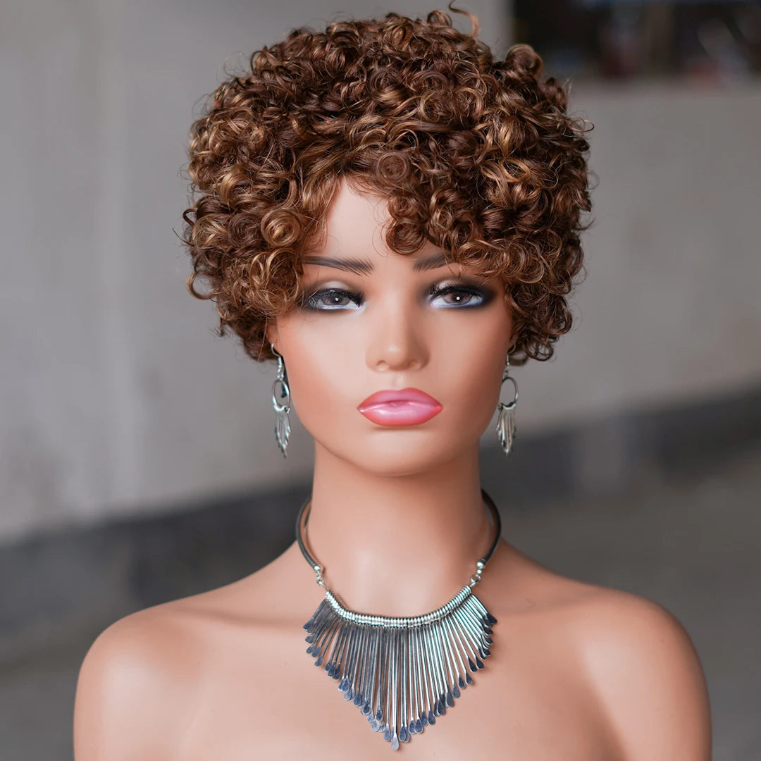 6inch Short Curly Wigs T1B/99J None Lace Front Human Hair Wigs with Bangs 180% Density Machine Made Pixie Cut Curly Wave Wig