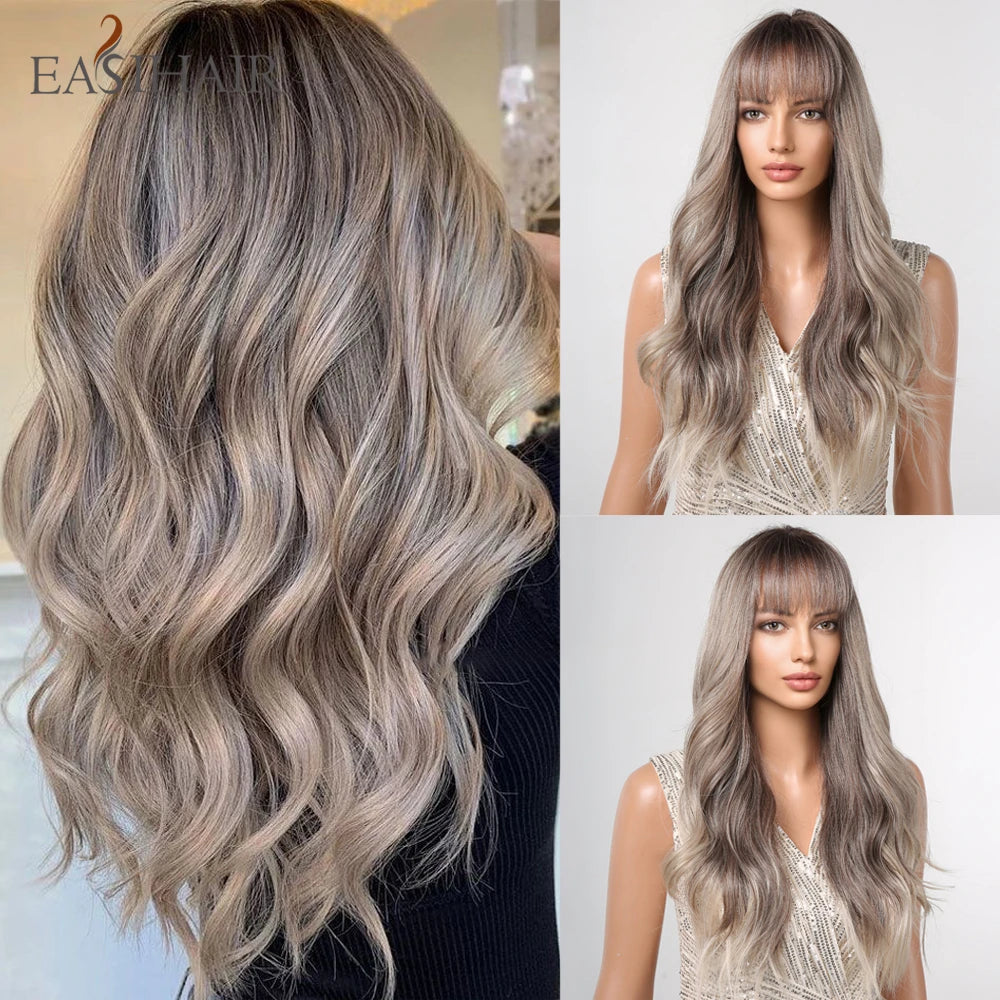 EASIHAIR Ash Blonde Wavy Cosplay Wigs with Bangs Natural Long Synthetic Hairs for Women Lolita Party Heat Resistant Fibers Wig