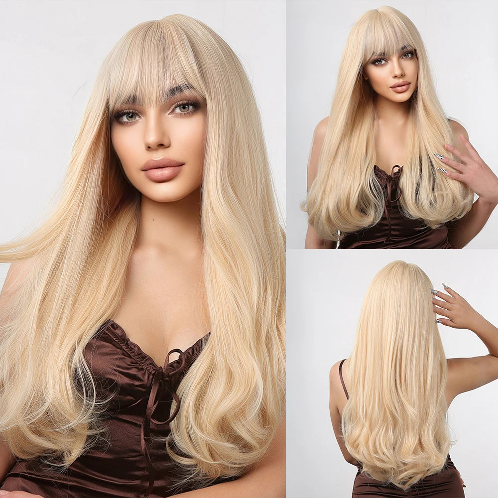 HENRY MARGU Long Natural Wavy Platinum Blonde Wigs with Bangs Cosplay Party Lolita Synthetic Wigs for Women Heat Resistant Fiber