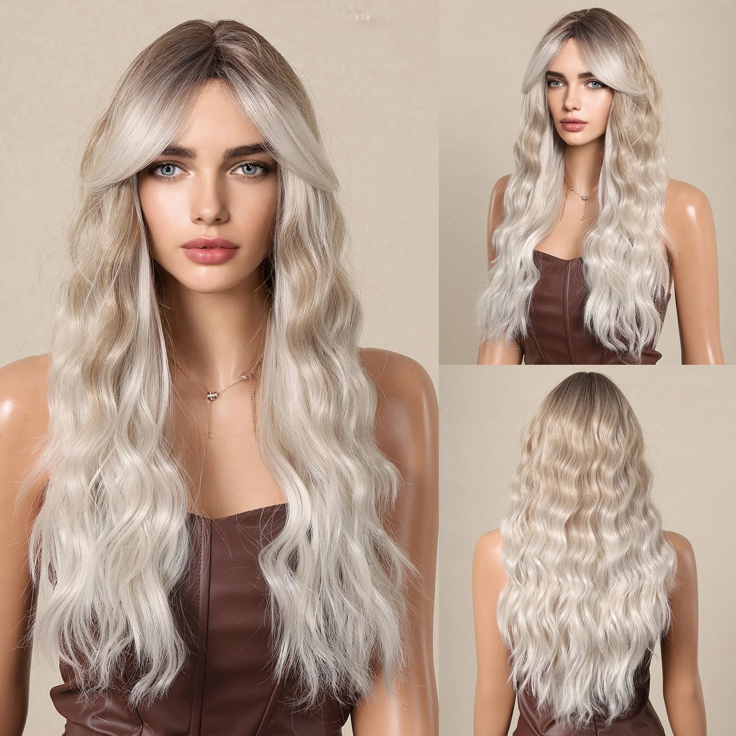 Long Curly White Platinum Synthetic Wigs with Bangs for Women Afro Cosplay Lolita Wavy Wig Natural Hair Heat Reisitant Daily Use