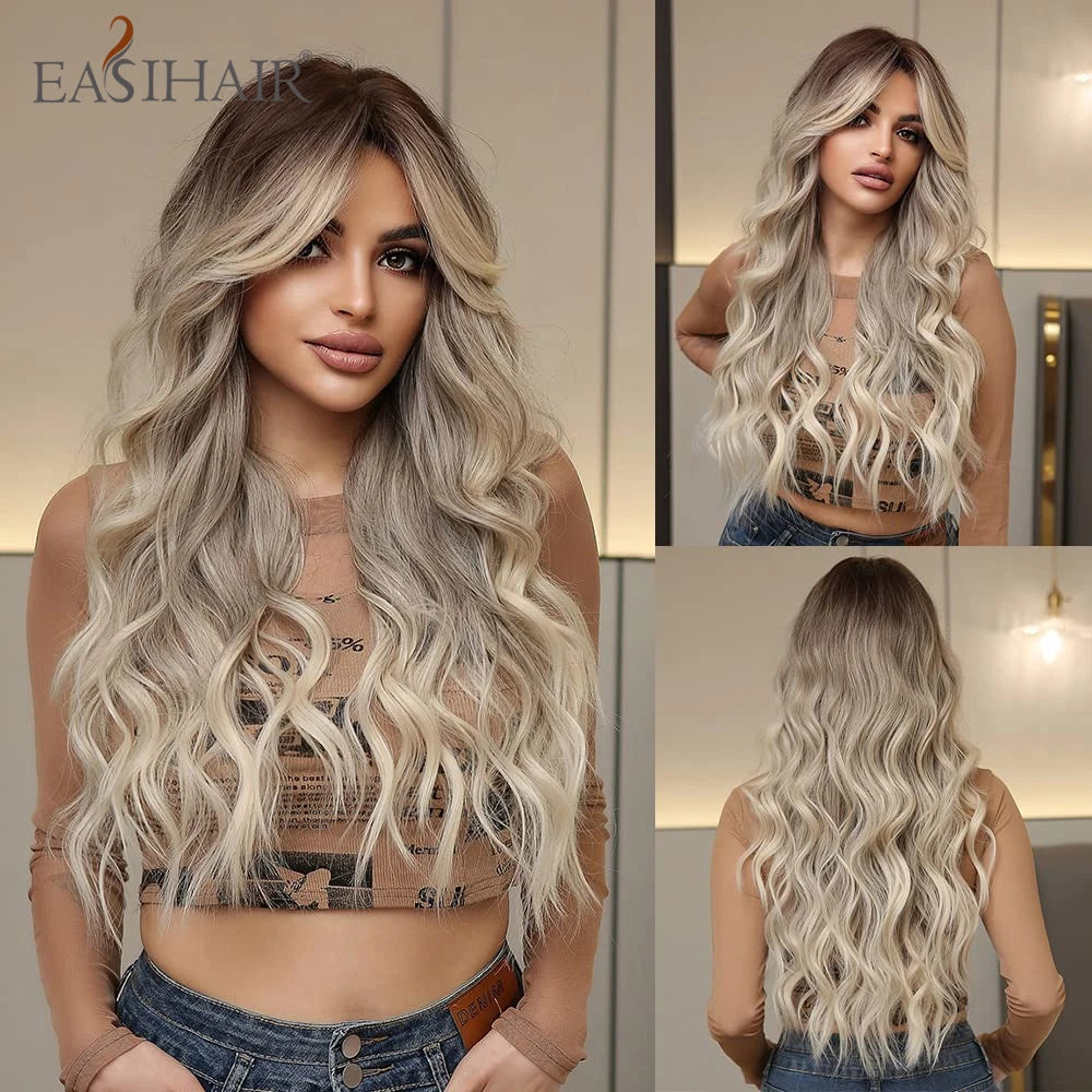 Ombre Light Brown Wigs with Bangs Blonde Highlight Long Curly Wavy Synthetic Wigs for Women Daily Cosplay Party Heat Resistant