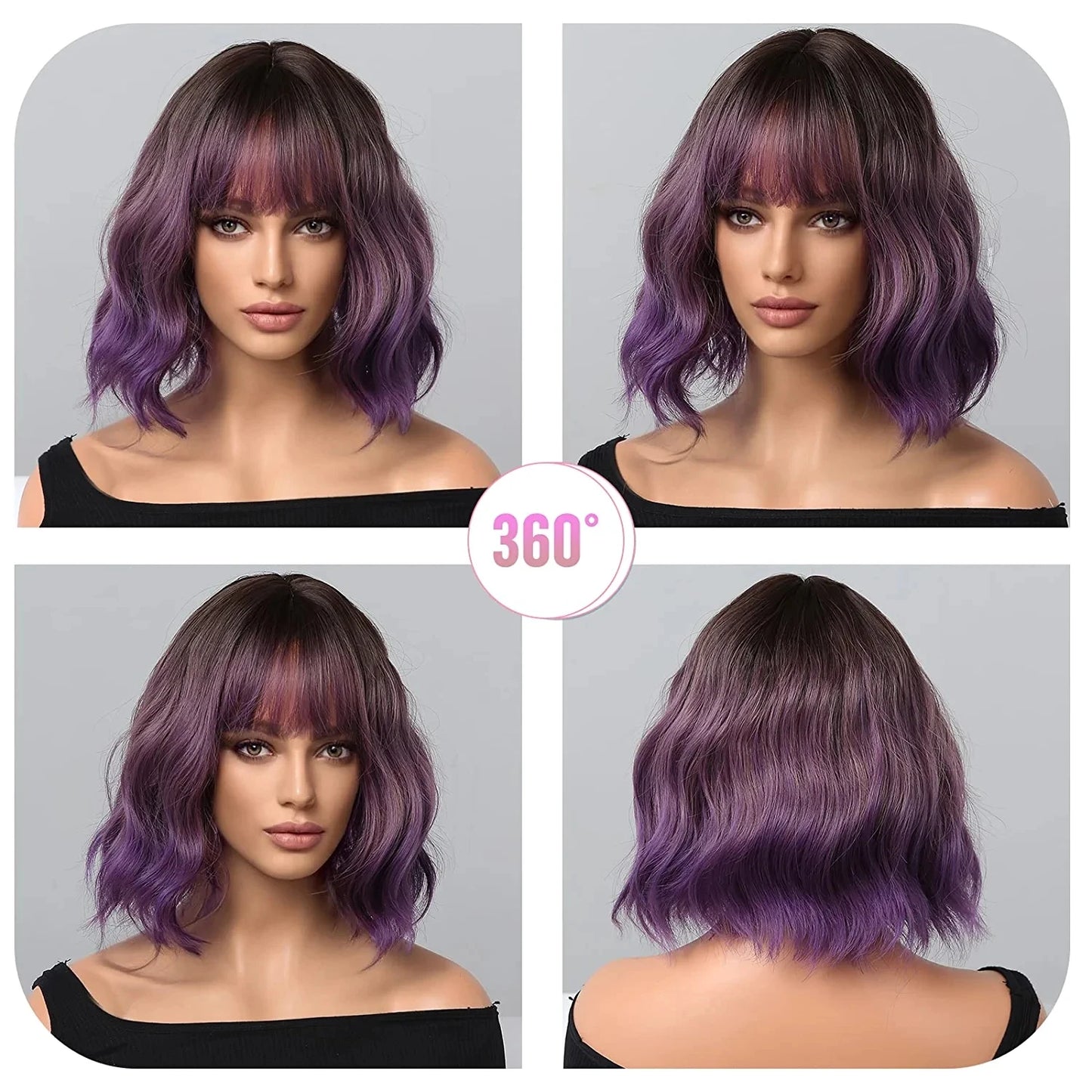 Gray Purple Pink Short Bob Synthetic Wigs with Bangs Curly Cosplay Ombre Wig for Women Afro Natural Wave Heat Resistant Hair