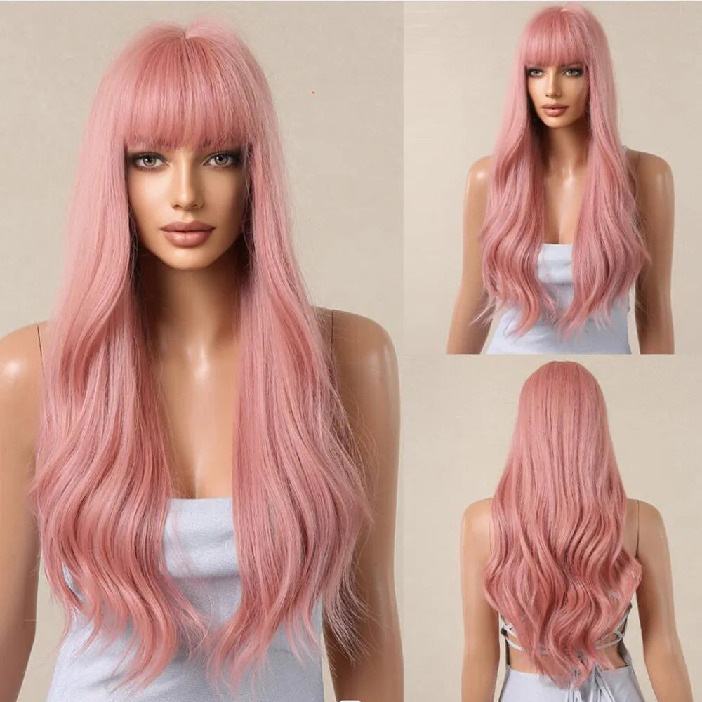 ALAN EATON Ombre Blonde Brown Wave Synthetic Wig Long Natural Looking Hair Wigs with Bangs for Women Daily Heat Resistant Fiber