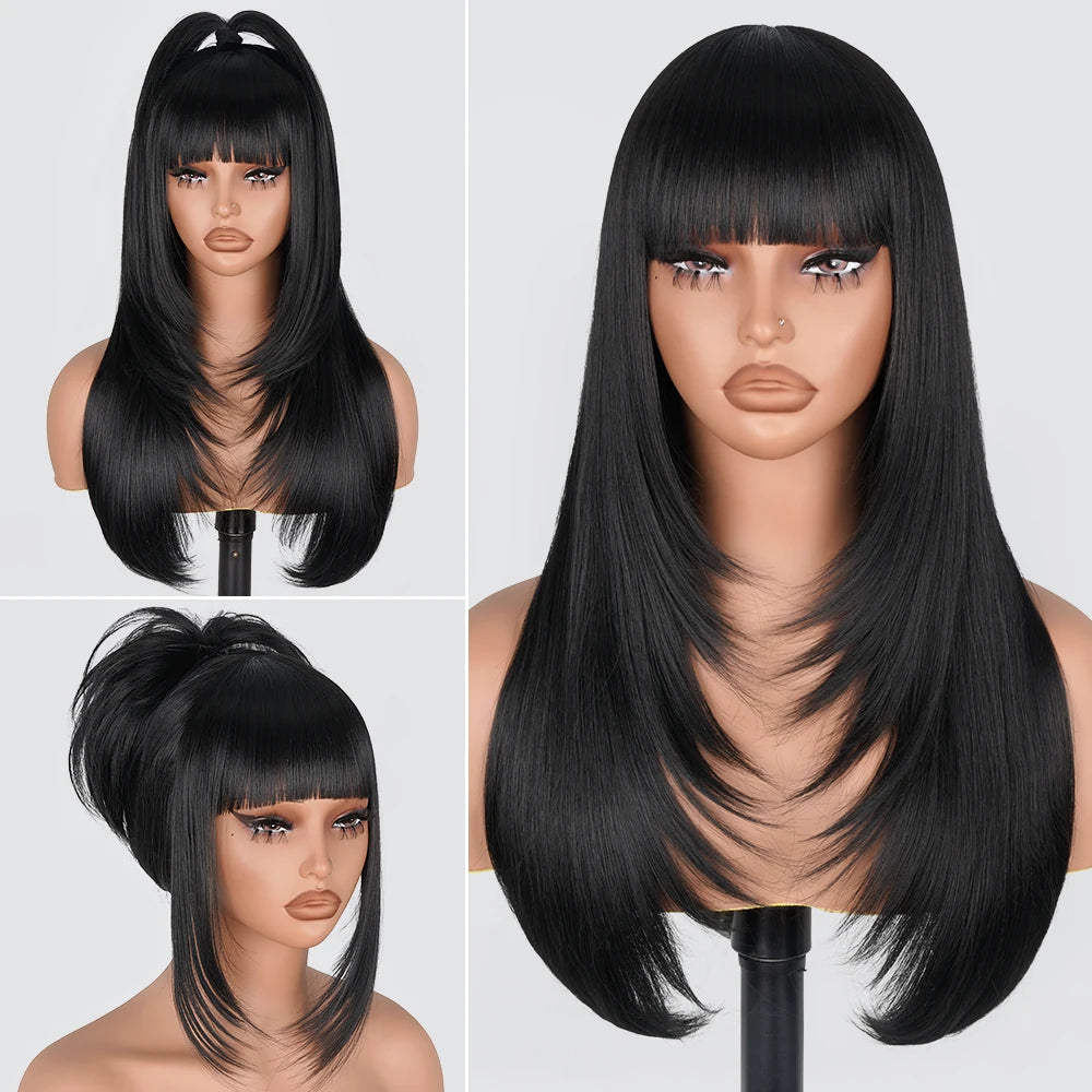 Reddish Brown Straight Layered Cut Lace Wigs with Bangs HD Lace Fake Scalp Synthetic Natural Layered Lace Front Wig Glueless Wig