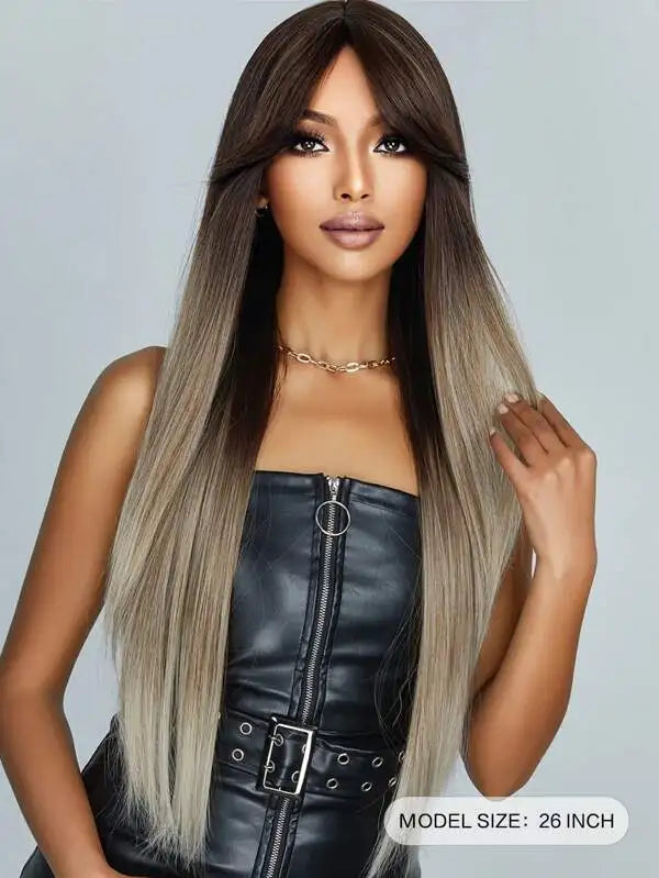 Ombre Gray Brown Synthetic Wigs Long Straight Ash Cosplay Wig with Bangs for Women Afro Natural Party Daily Heat Resistant Hair