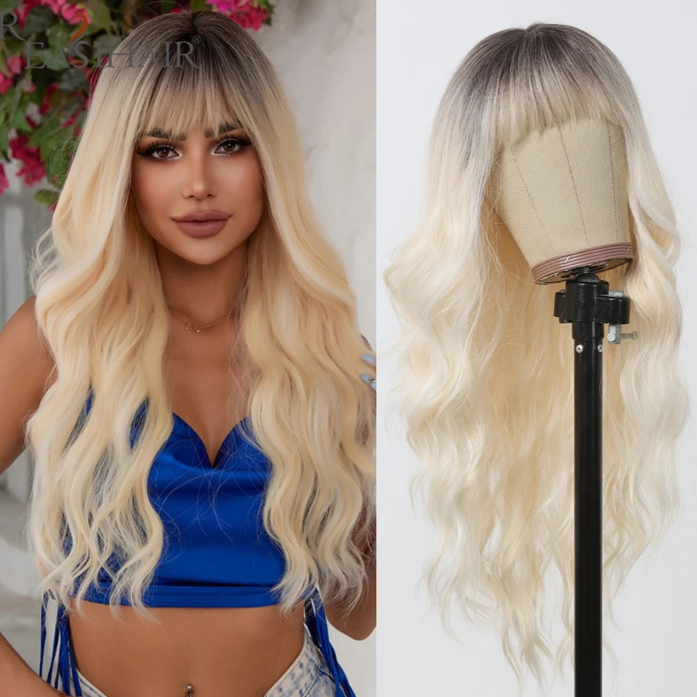 Dark Brown Synthetic Wigs with Bangs Long Curly Wavy Brown Wigs with Blonde Highlights for Afro Women Daily Party Heat Resistant