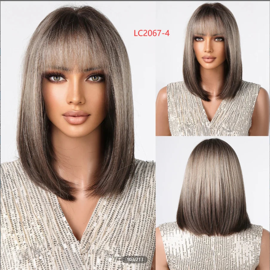 LOUIS FERRE Short Straight Synthetic Wigs for Women Brown Bob Wigs with Bangs Daily Cosplay Medium Length Heat Resistant Hair
