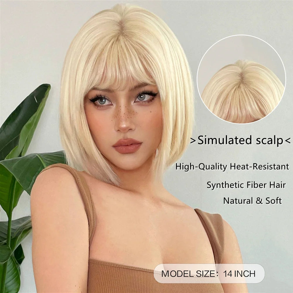HENRY MARGU Ombre White Blonde Bob Synthetic Wig Short Straight with Bangs Natural Hair Wig for Women Cosplay Wig Heat Resistant