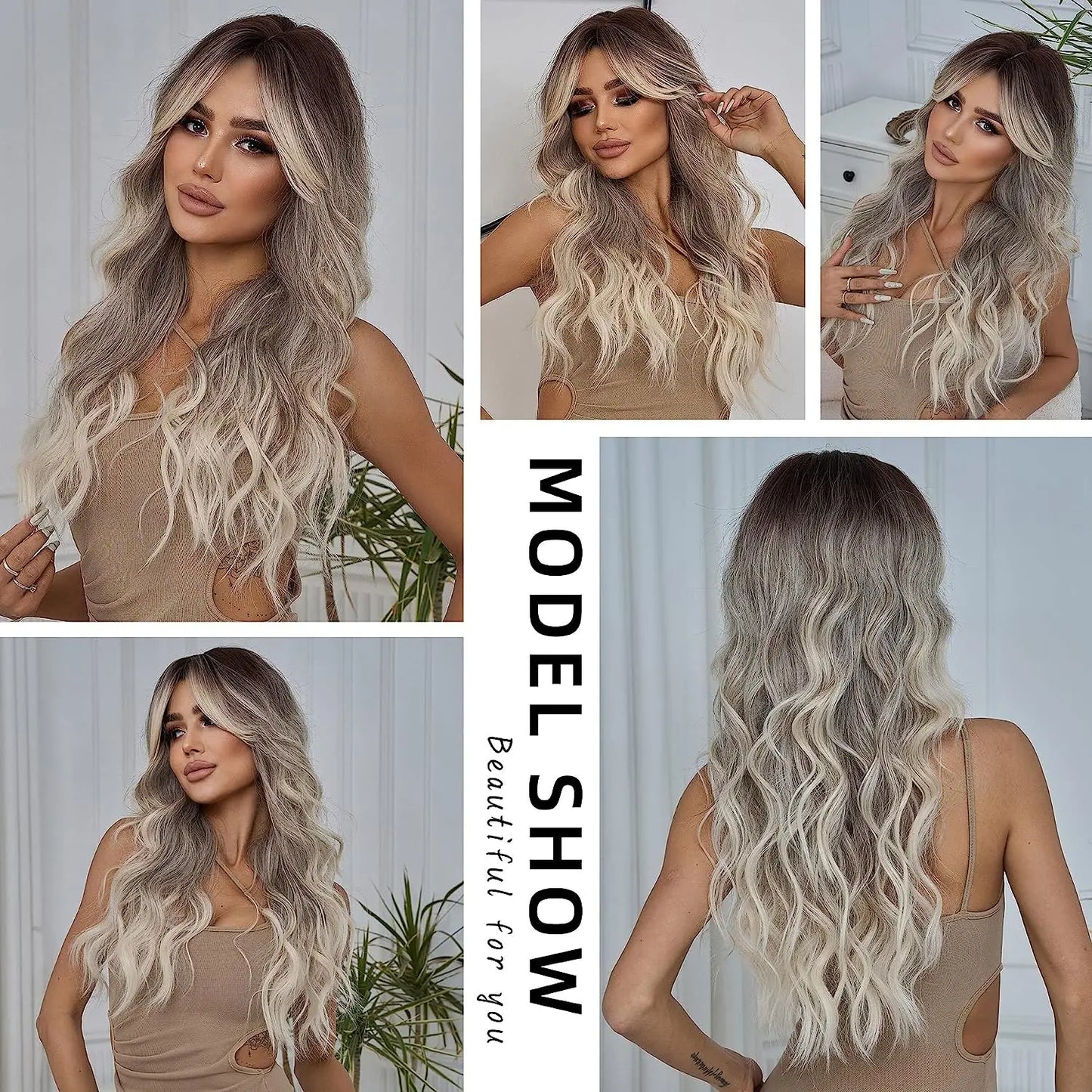 Long Wavy Gray Ash Brown Blonde Ombre Synthetic Wigs with Bangs Cosplay Natural Curly Hair Wig for Women Afro Heat Resistant