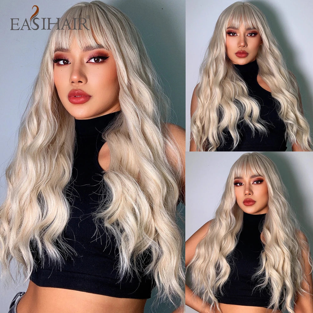 EASIHAIR Brown Black Kinky Curly Wave Synthetic Wigs with Bangs Deep Wave Long Hair Wigs for Women Daily Cosplay Heat Resistant