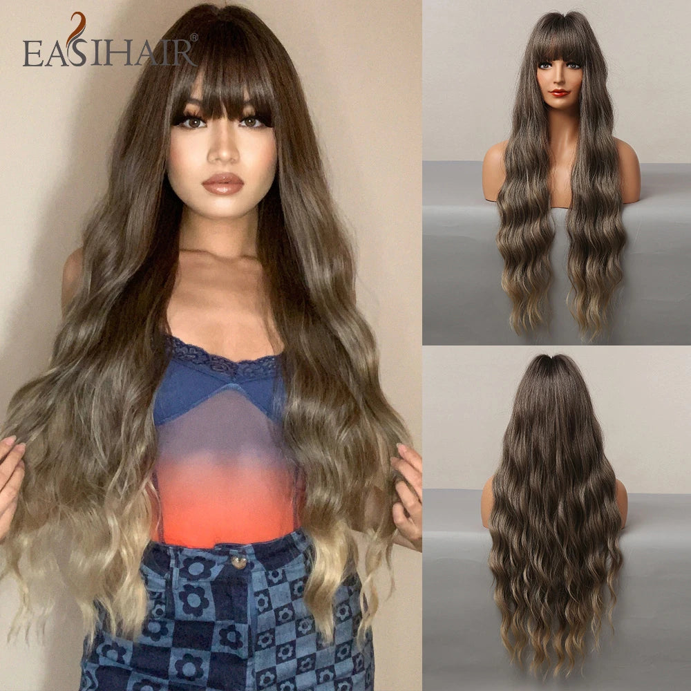 EASIHAIR Brown Black Kinky Curly Wave Synthetic Wigs with Bangs Deep Wave Long Hair Wigs for Women Daily Cosplay Heat Resistant