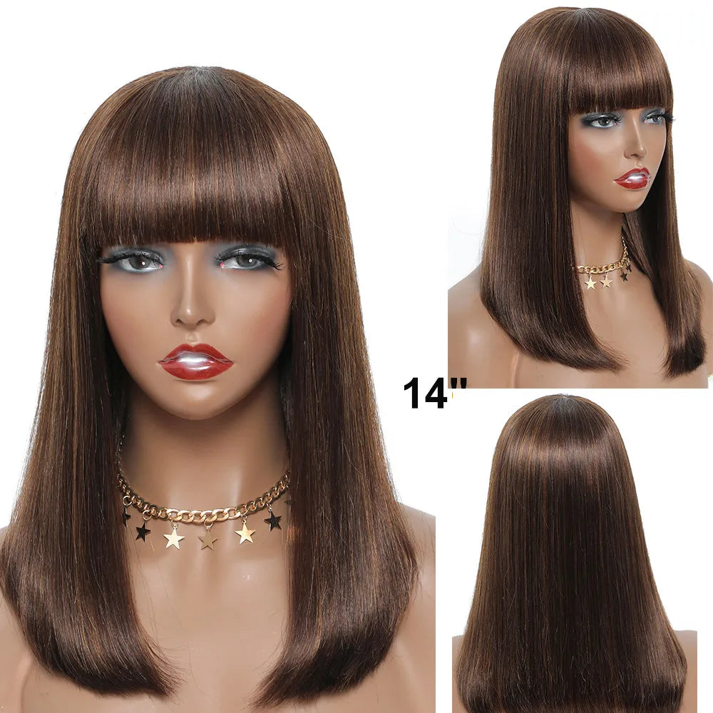 Straight Bob Human Hair Wigs With Bangs Short Brazilian Human Hair 150density For Woman No Lace Full Machine Made Human Hair Wig