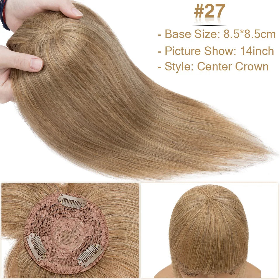 S-noilite 8.5x8.5cm Hair Topper Human Hair Cilp Center Crown Wig With Bangs Clip In Natural Hair Extension Hair Vortex Hairpiece