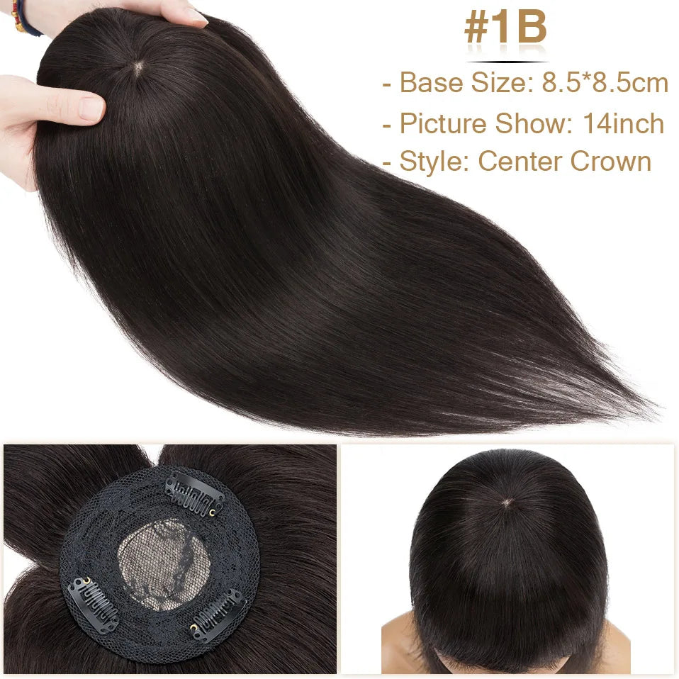 S-noilite 8.5x8.5cm Hair Topper Human Hair Cilp Center Crown Wig With Bangs Clip In Natural Hair Extension Hair Vortex Hairpiece