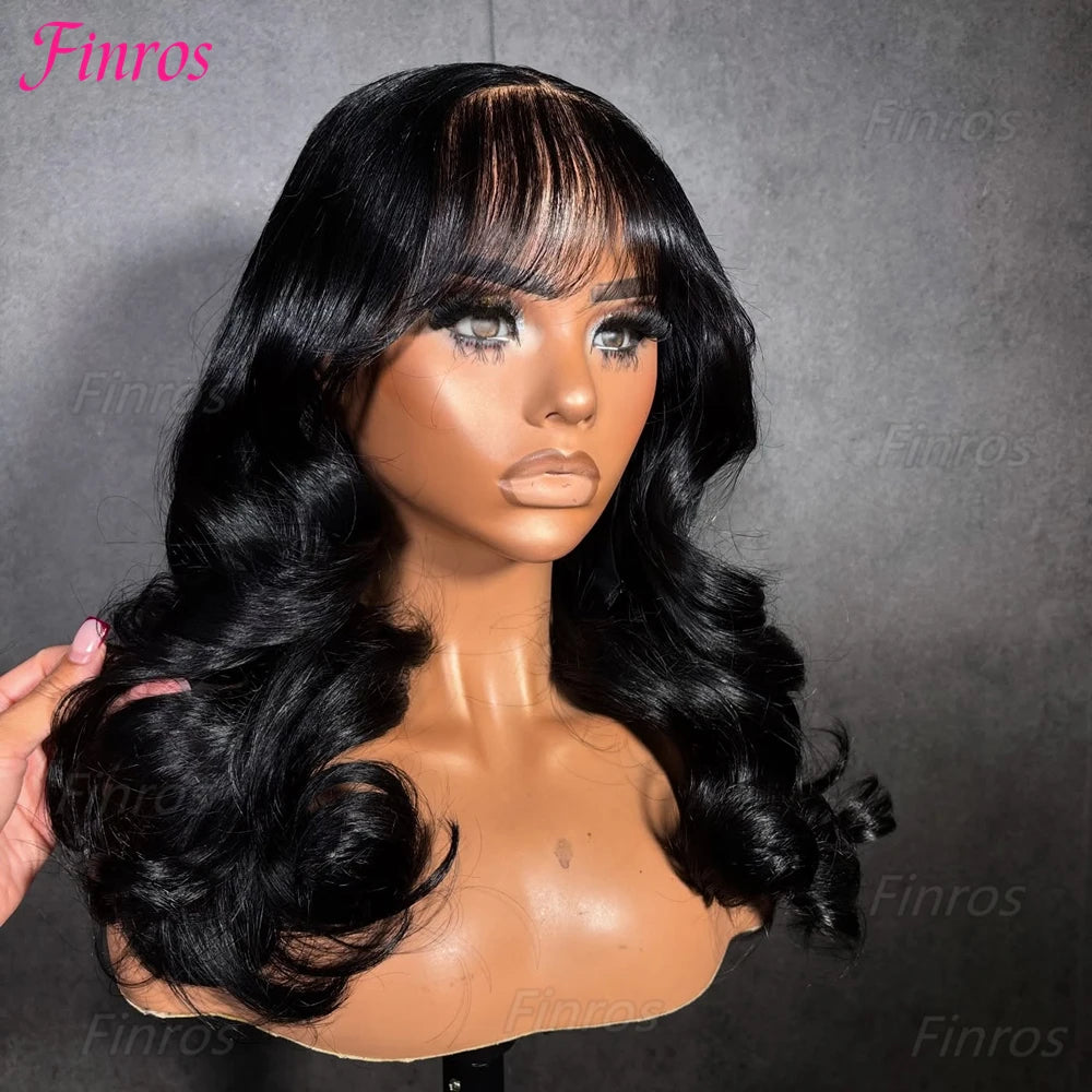30 Inch 3x1 Middle Part Lace Wig Body Wave Wigs With Bangs Glueless Human Hair Wigs 200% Density Machine Made Wigs For Women