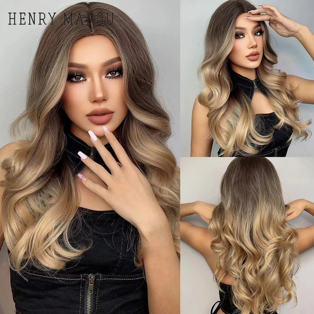 HENRY MARGU Long Wavy Brown Red Orange Wigs with Bangs Cosplay Party Heat Resistant Synthetic Hair Wigs for Black Women Afro