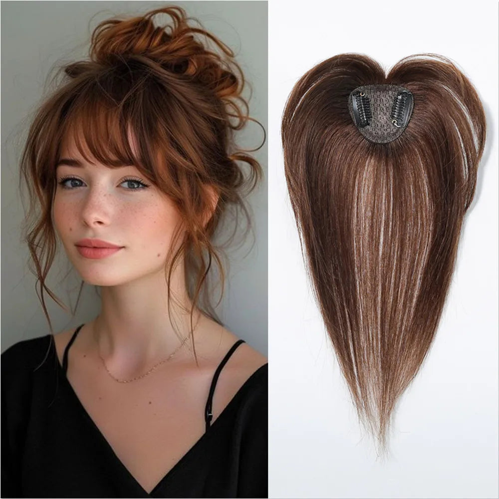 100% Remy Human Hair Toppers with Bangs Light Brown Hairpieces 3D Wispy Bangs for Women Thin Hair Real Human Hair Topper Clip In