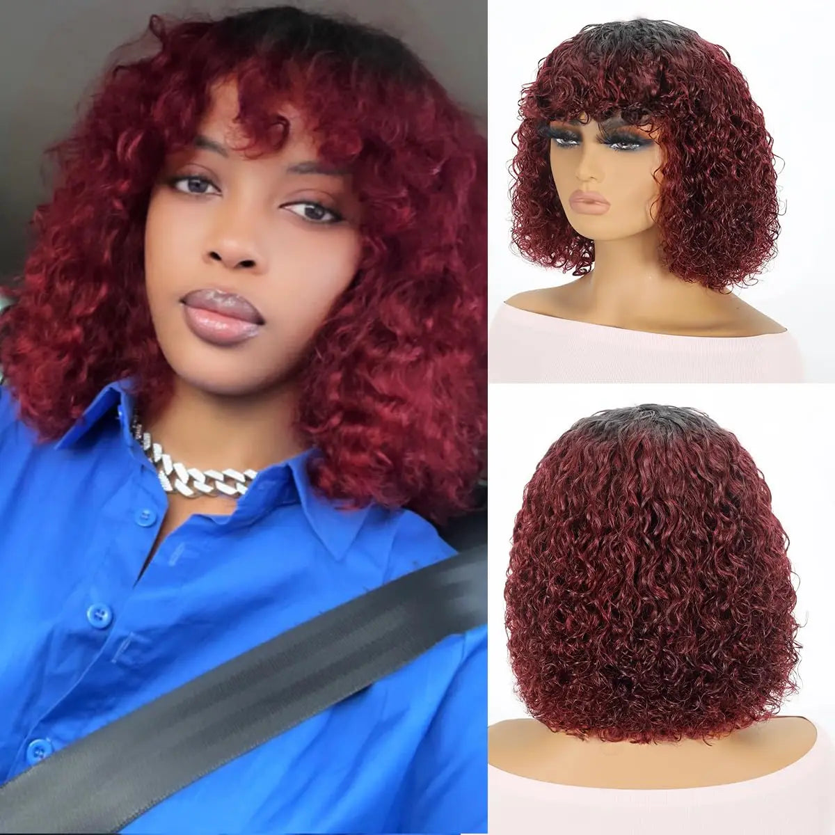Jerry Curly Short Bob Human Hair Wigs With Bangs Wear To Go Glueless Wig Ombre 99J Water Wave Blonde Colored Wig For Women