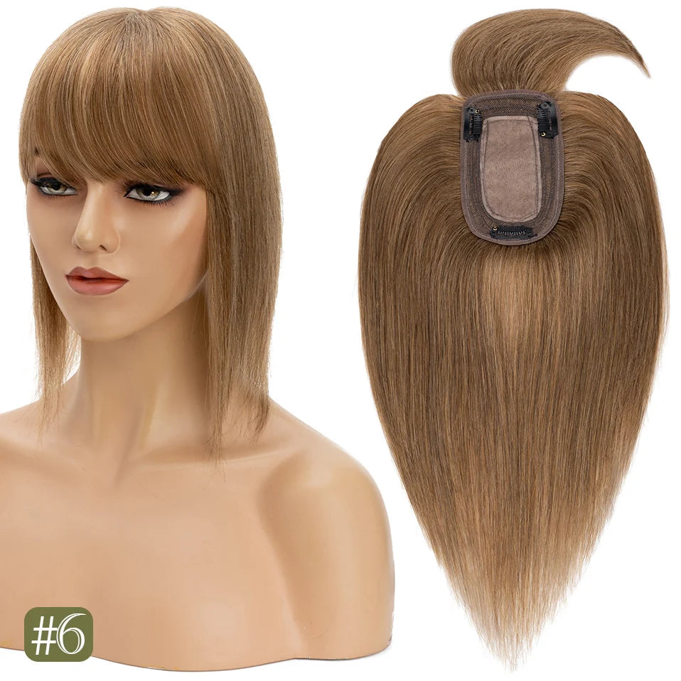 TESS Women Topper 7x12.5cm Hair Toppers With Bangs Natural Hair Wig Human Hair Silk Base Center Part Hair Clip In Hair Extension