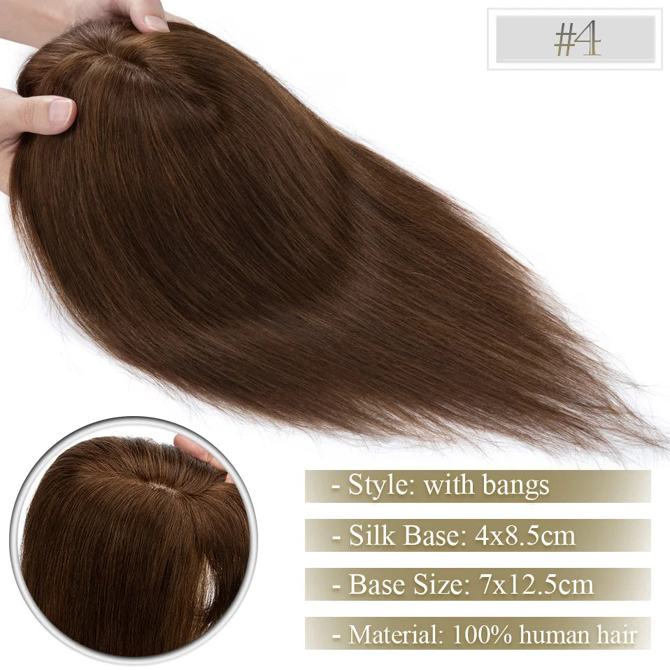 TESS Women Topper 7x12.5cm Hair Toppers With Bangs Natural Hair Wig Human Hair Silk Base Center Part Hair Clip In Hair Extension
