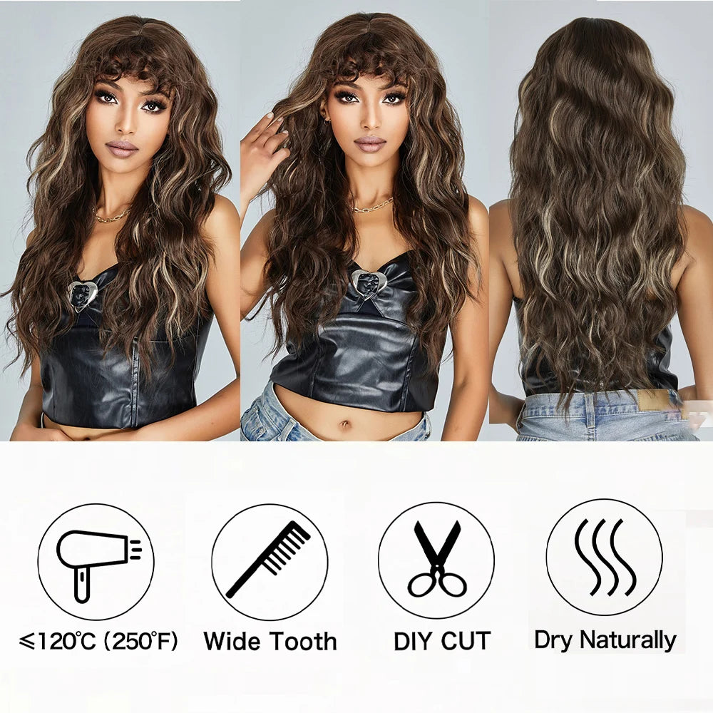 EASIHAIR Brown Black Kinky Curly Wave Synthetic Wigs with Bangs Deep Wave Long Hair Wigs for Women Daily Cosplay Heat Resistant