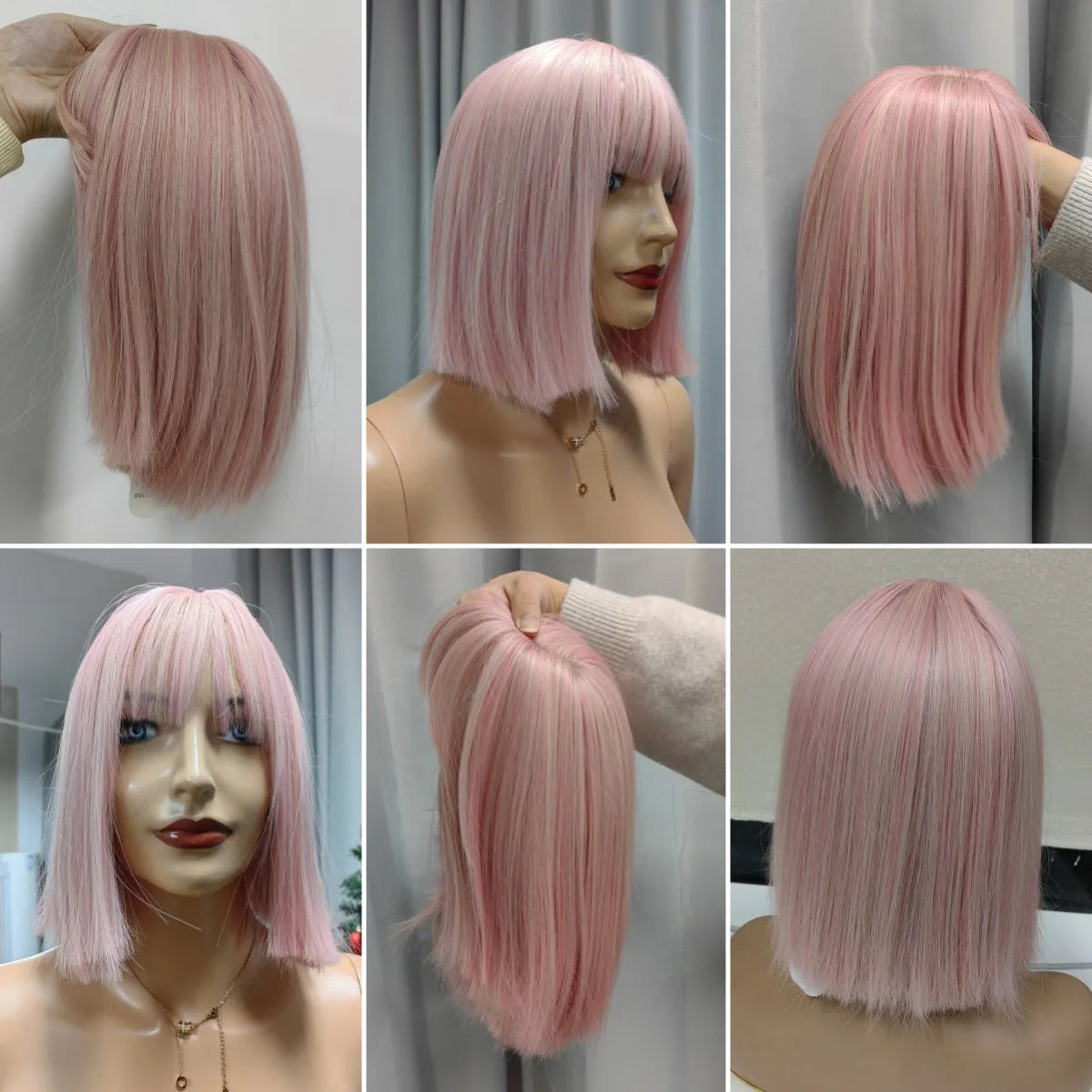 LOUIS FERRE Short Light Pink Bob Wigs With Bangs Natural Synthetic Wigs for Women Daily Cosplay Hair Heat Resistant Fibre Wig