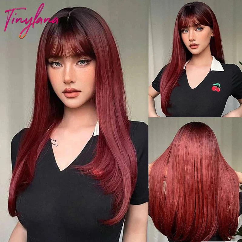 Long Straight Pink Mixed White Synthetic Wigs with Bangs Halloween Cosplay Colorful Wigs for Women Natural Hair Heat Resistant