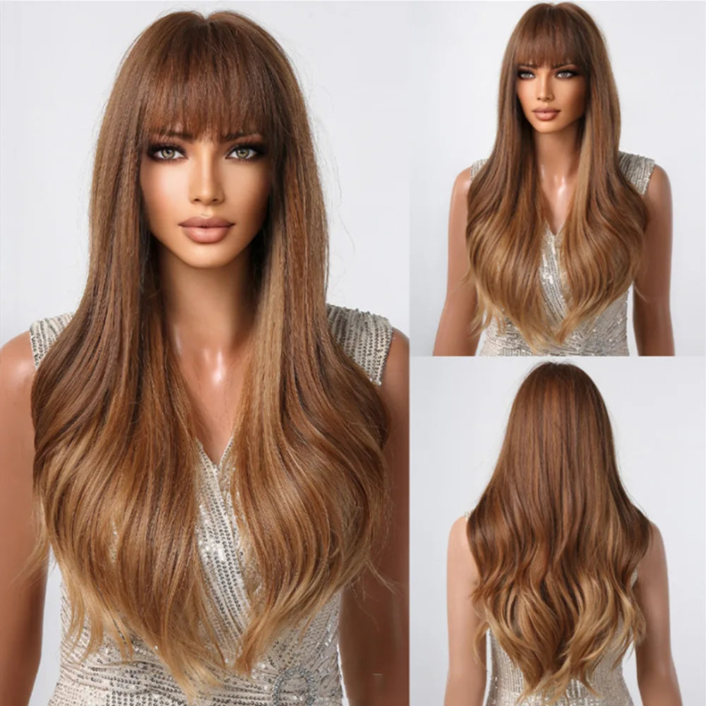 ALAN EATON Ombre Blonde Brown Wave Synthetic Wig Long Natural Looking Hair Wigs with Bangs for Women Daily Heat Resistant Fiber