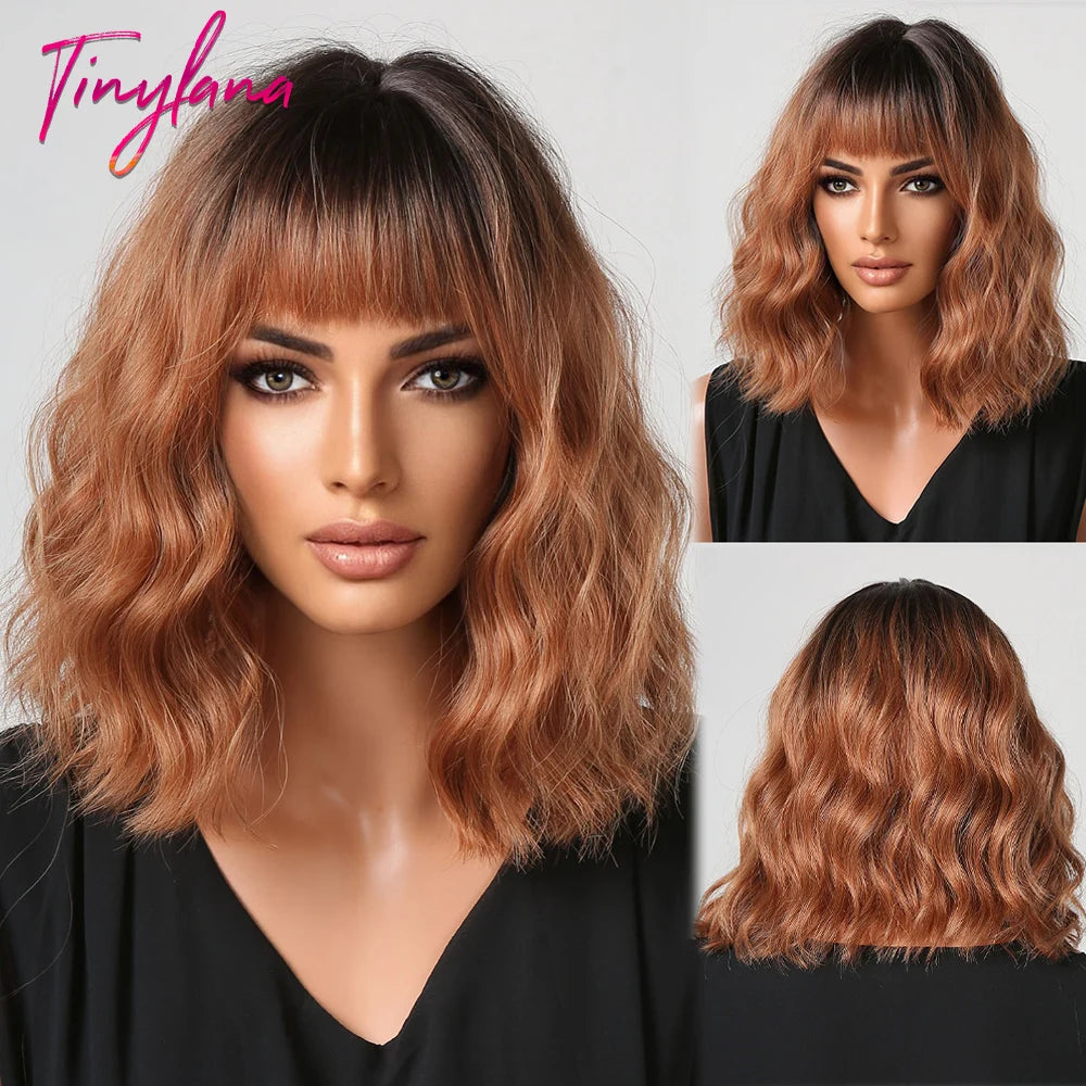 Gray Purple Pink Short Bob Synthetic Wigs with Bangs Curly Cosplay Ombre Wig for Women Afro Natural Wave Heat Resistant Hair