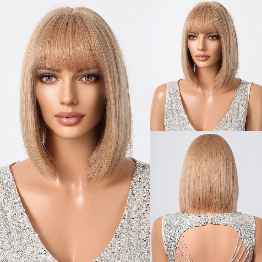 HENRY MARGU Brown Short Bob Straight Wigs with Pink Highlight Women Brown Daily Wig Synthetic Hair Wig with Bangs Heat Resistant