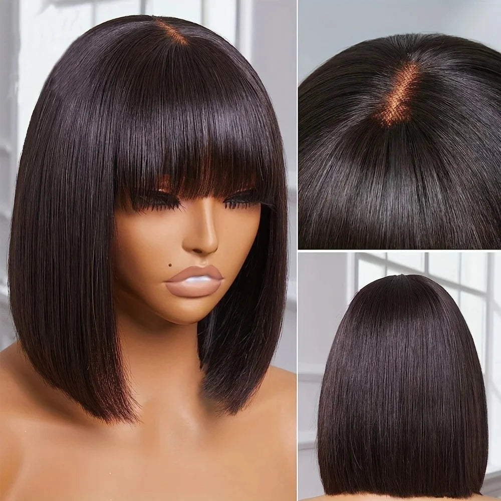 3X1 Straight Bob Wig With Bangs Full Fringe Machine Made Glueless Ready-to-Wear 30 Inch Brazilian Wig Human Hair Wig For Women