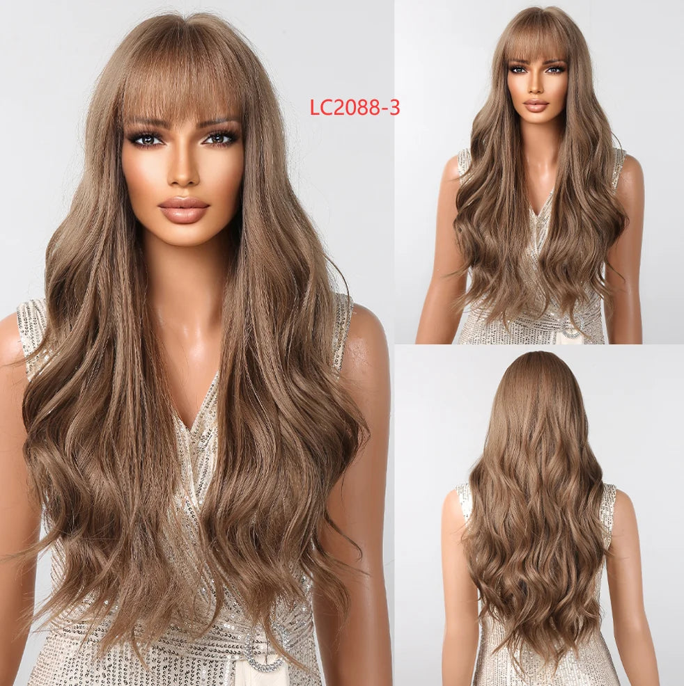 Long Wavy Gray Ash Brown Blonde Ombre Synthetic Wigs with Bangs Cosplay Natural Curly Hair Wig for Women Afro Heat Resistant