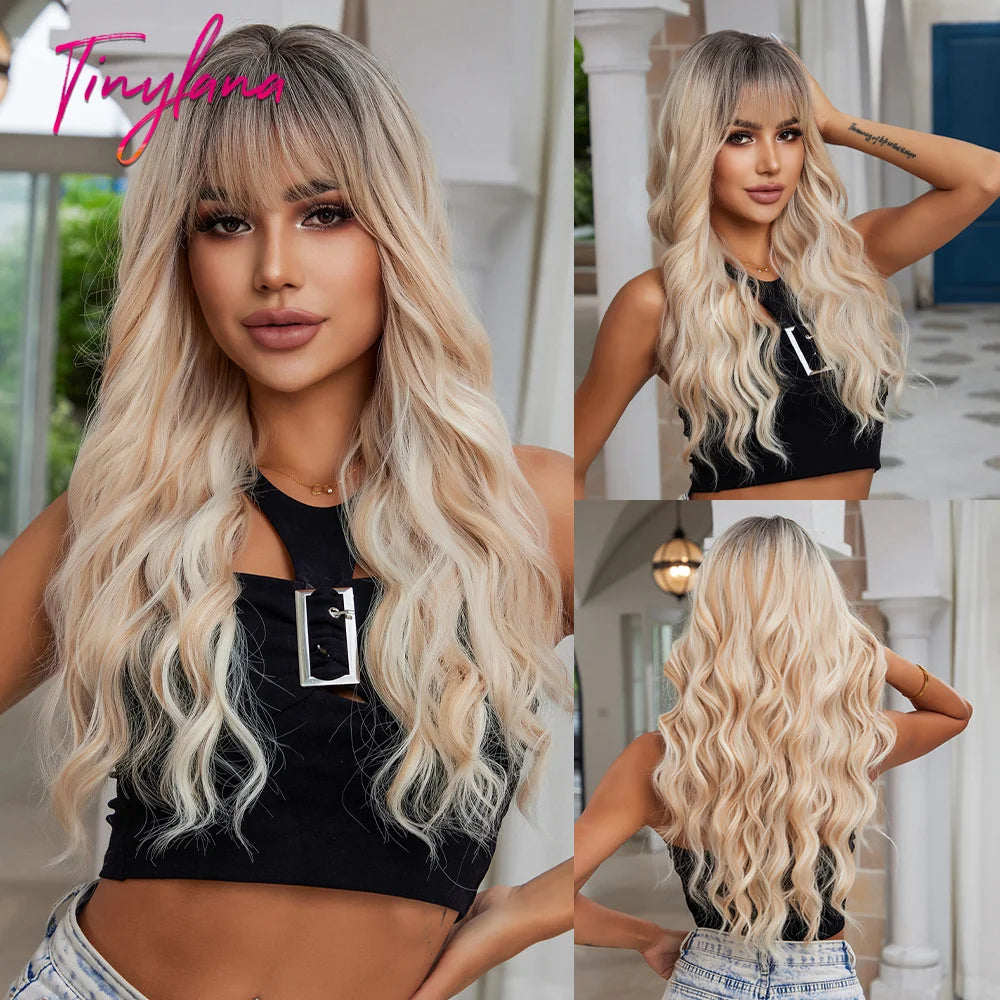 Long Curly White Platinum Synthetic Wigs with Bangs for Women Afro Cosplay Lolita Wavy Wig Natural Hair Heat Reisitant Daily Use