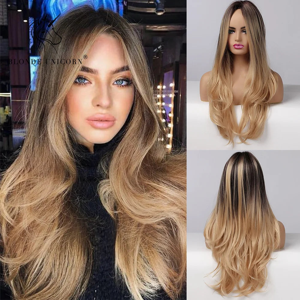 Blonde Unicorn Cherry Red Wig Synthetic Long Wavy Wig with Bangs Daily Party Cosplay Hair Wigs for Women Heat Resistant Fiber